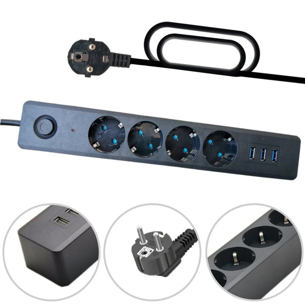

Розетка для кабеля безопасности детей 3 USB-порта 4 розетки переменного тока Удобное управление питанием Простая установка Щедрая длина кабеля