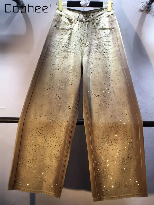 

European Station 2026 Spring New Heavy Industry Hot Diamond Painted High Waist Skinny Straight Jeans Trousers Women's Pants