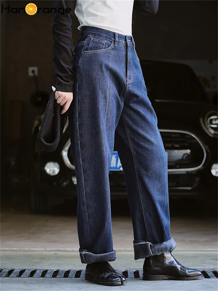 

HanOrange 2026 Winter Vintage Plush High Waist Straight Jeans Women Soft Comfortable Thickened Casual Denim Trousers Female