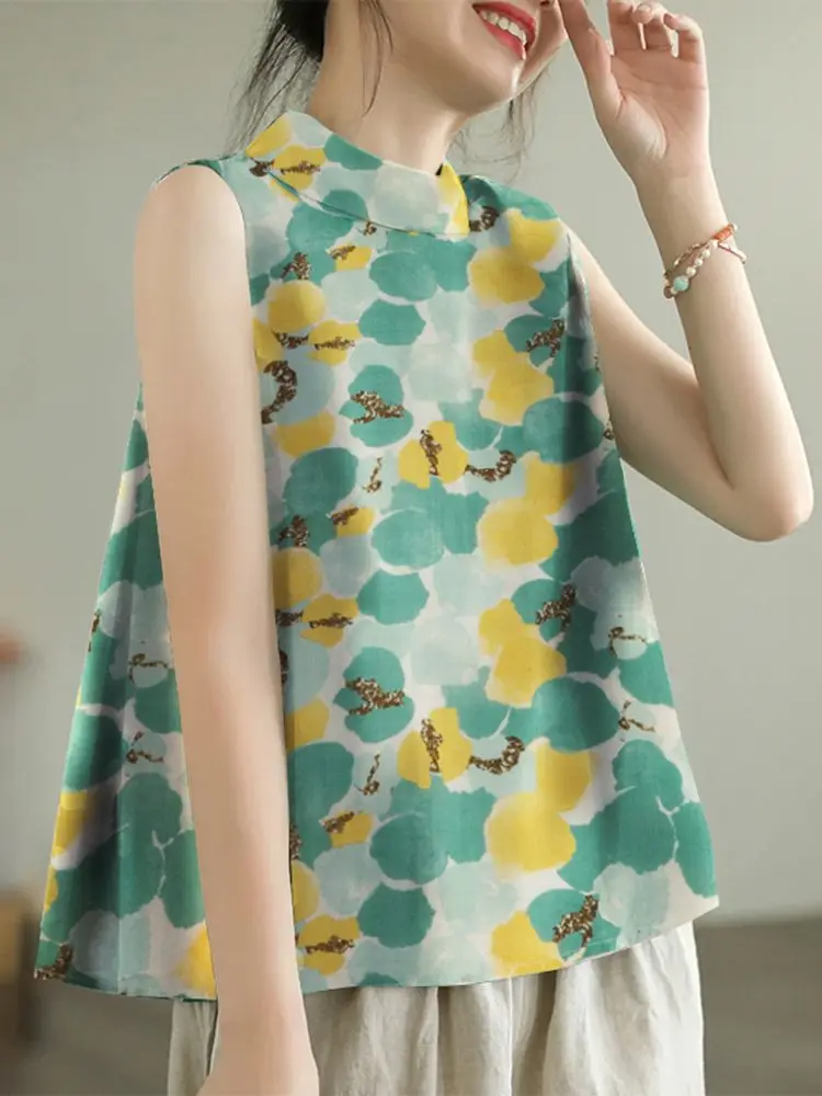 ZANZEA Women Printed Tank Tops Holiday Summer Sleeveless Tanks Casual Loose 2024 Stand Collar Tunics Vintage Party Camis Femme