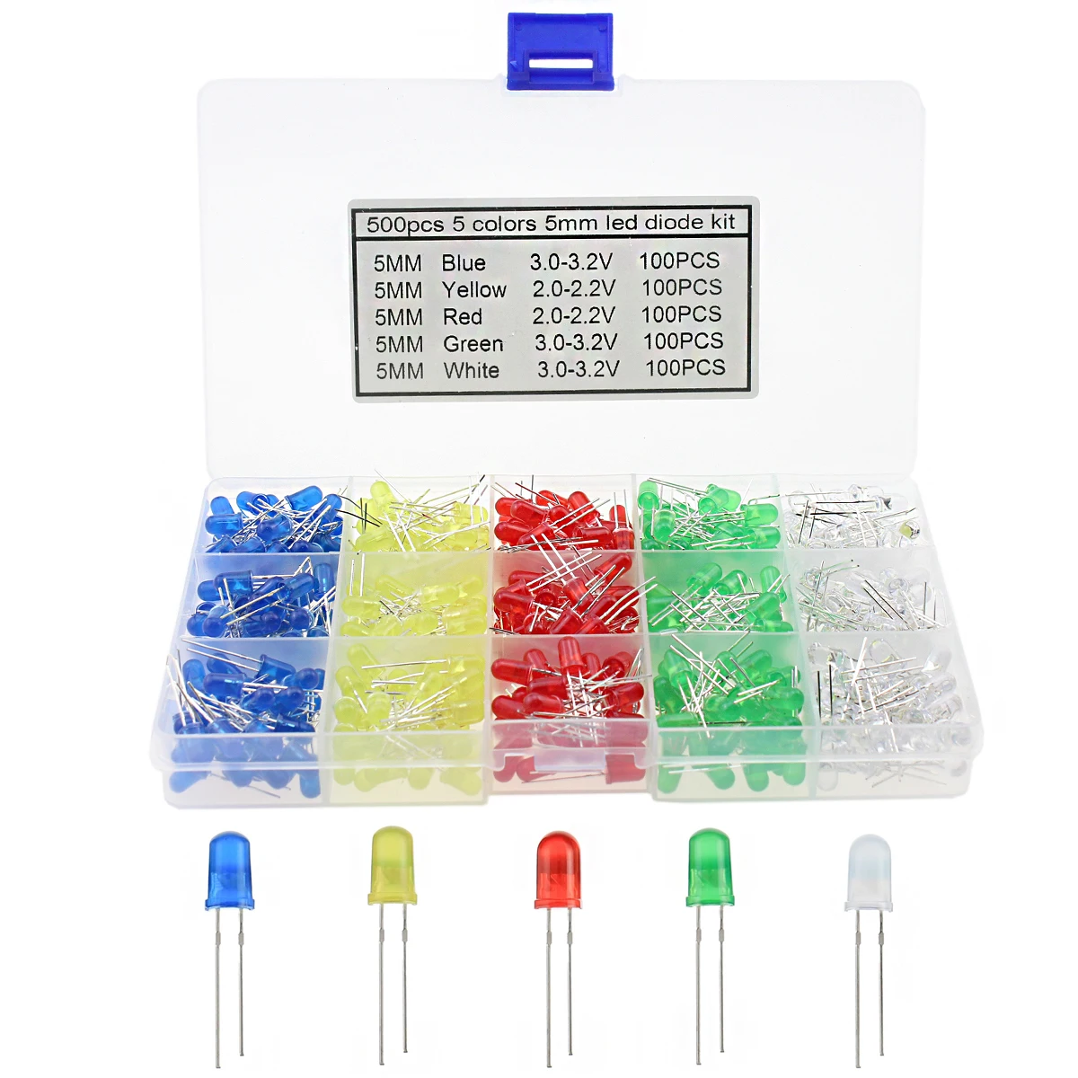 500Pcs 5mm LED Diode Assorted Kit, 5 Colors Red Green Blue Yellow White Electronic Components With Storage Box
