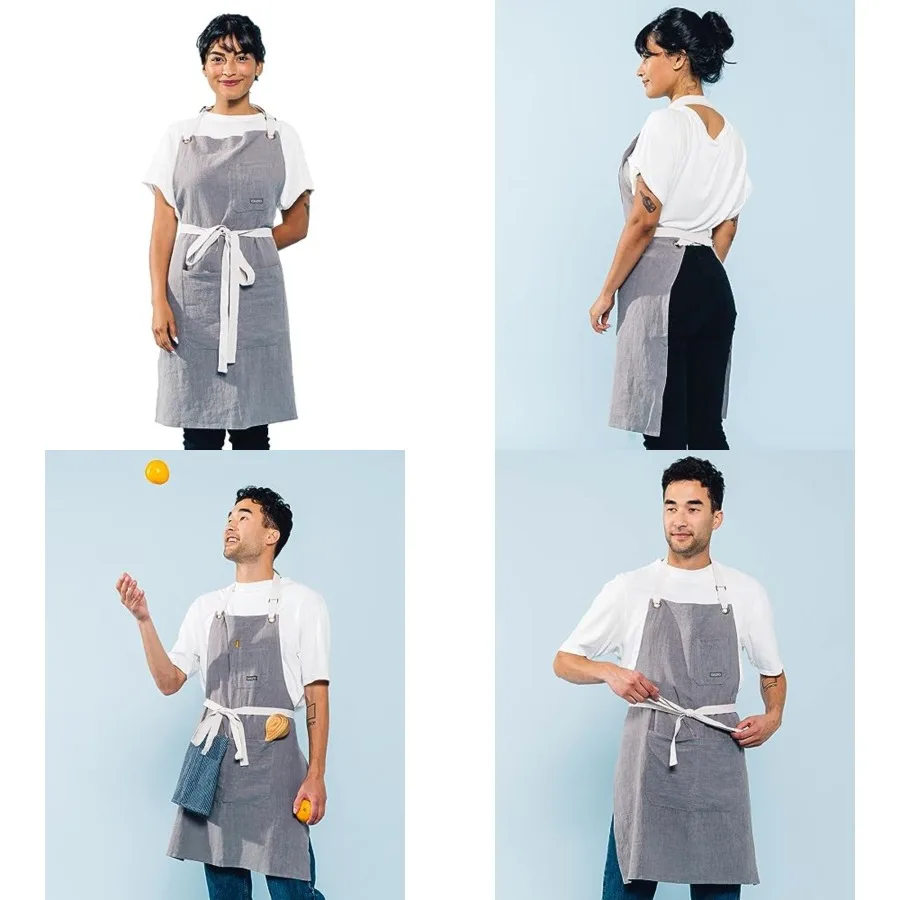 

Linen Kitchen Apron for Cooking - Mens and Womens Linen Bib Apron for Professional Chef, Server, or Barista - Adjustable with P