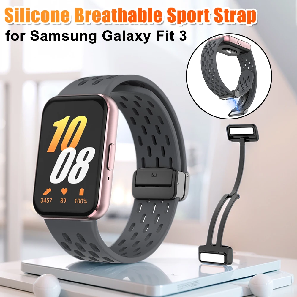 Silicone Sport Strap Breathable Magnetic Folding Buckle Sport Wrist Band Adjustable Sweatproof for samsung Galaxy Fit 3 Bracelet