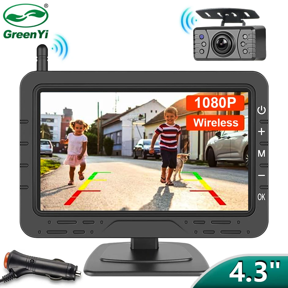 

GreenYi Беспроводной 4,3-дюймовый автомобильный парковочный монитор AHD1080P ИК-камера заднего вида для пикапов/фургонов/прицепов/кемперов автомобиля Простая установка