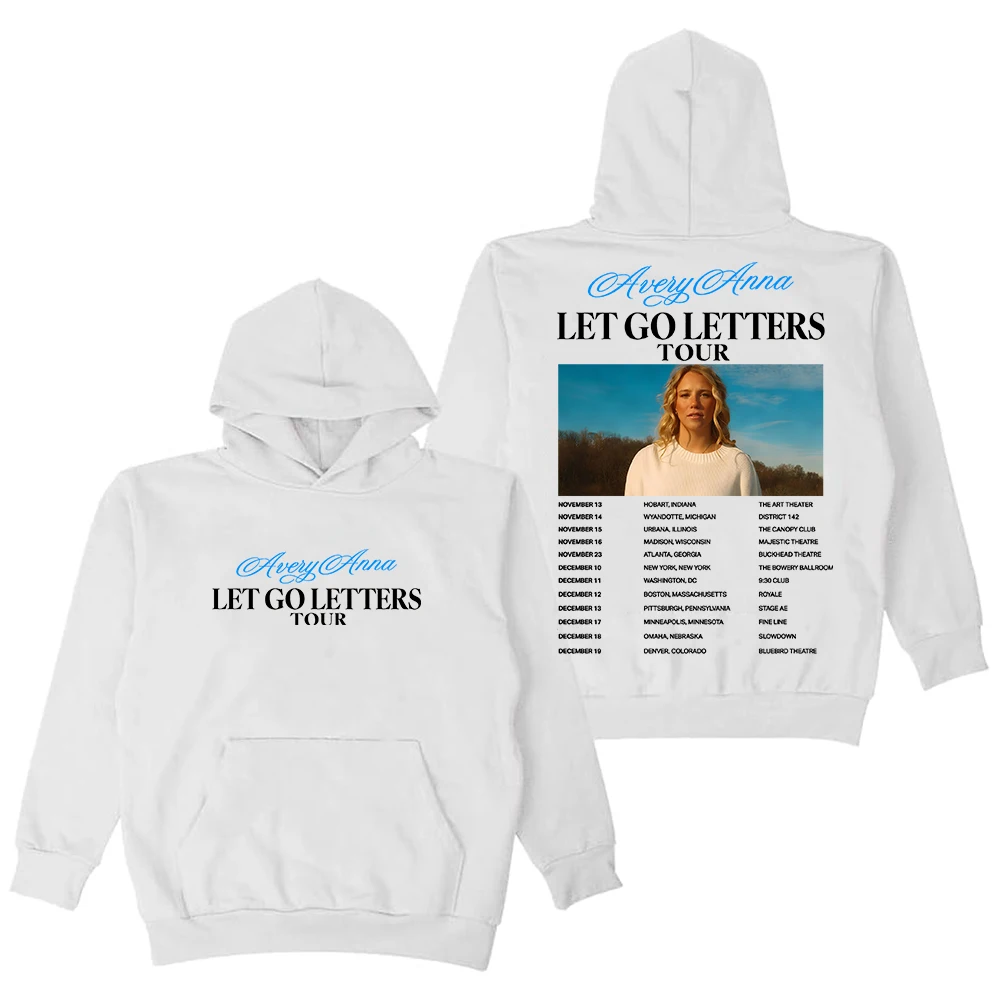 GF Avery Anna Let Go Letters Tour 2025 هوديي للجنسين كم طويل ملابس الشارع الشهير الرجال النساء قمصان سويت شيرت بقلنسوة
