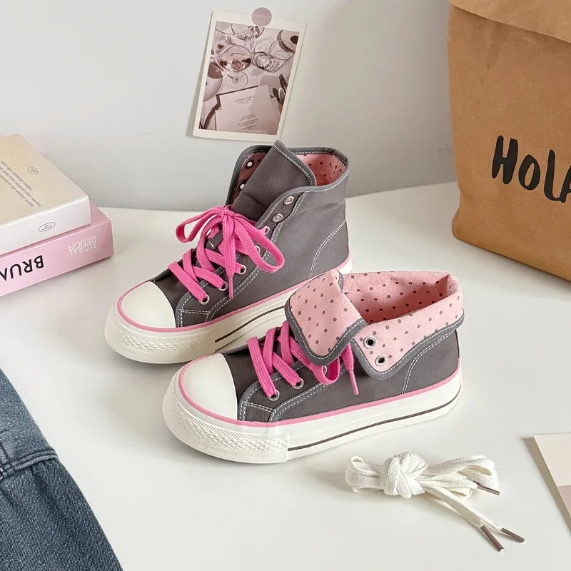 Women's High Top Platform Canvas Sneakers Polka Dot Foldable Collar Lace Up Breathable Korean Style Casual Shoes Fall 2026 view 5