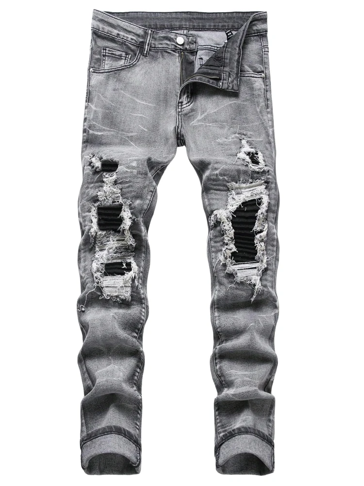 

American Streetwear Men's Jeans Grey Distressed Slim Fit Patchwork Fashion Denim Pants Hip-hop Style Handsome Fashion Trousers