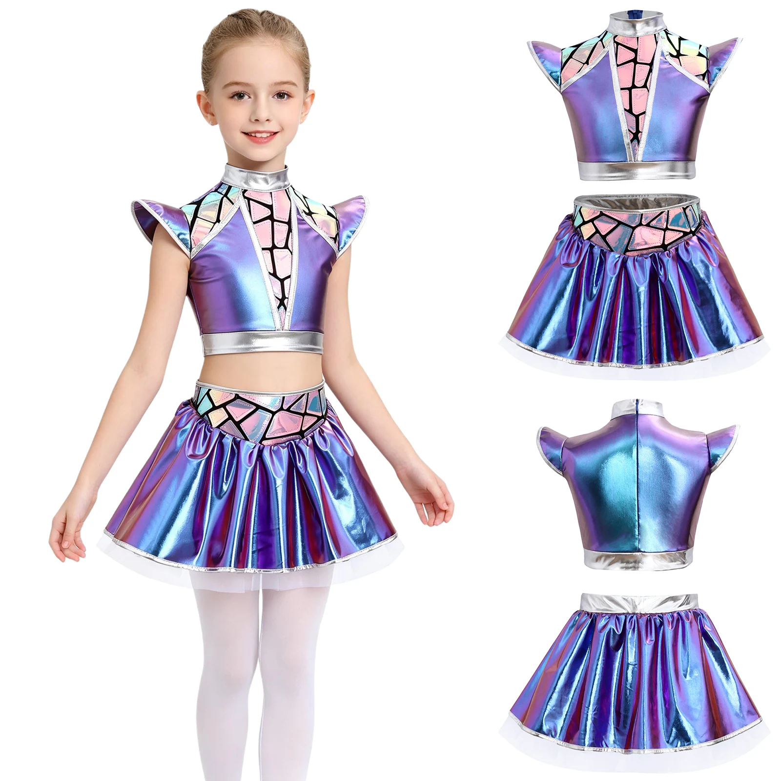 Kids Girls Alien Cosplay 2 Piece Set Metallic Crop Top with Layered Ruffled Skirt Sparkly Stretchy for Halloween Party Costume