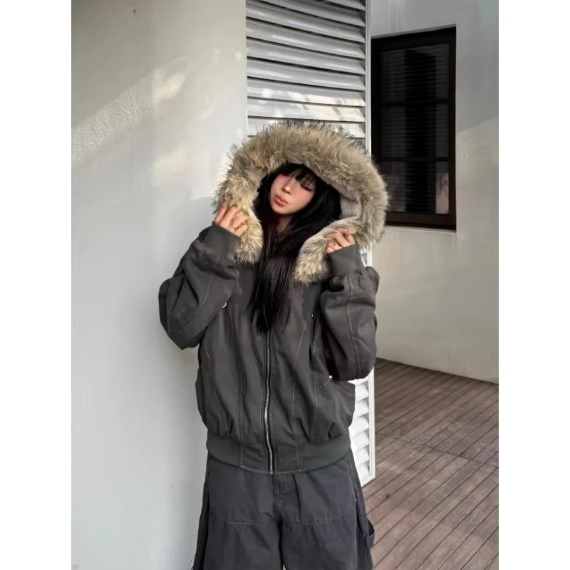 Y2k Street Vintage Warm Cardigan Loose Hoodie Women Autumn Winter Fashion Fur Collar Hat Hoodie Street Zipper Sweatshirt