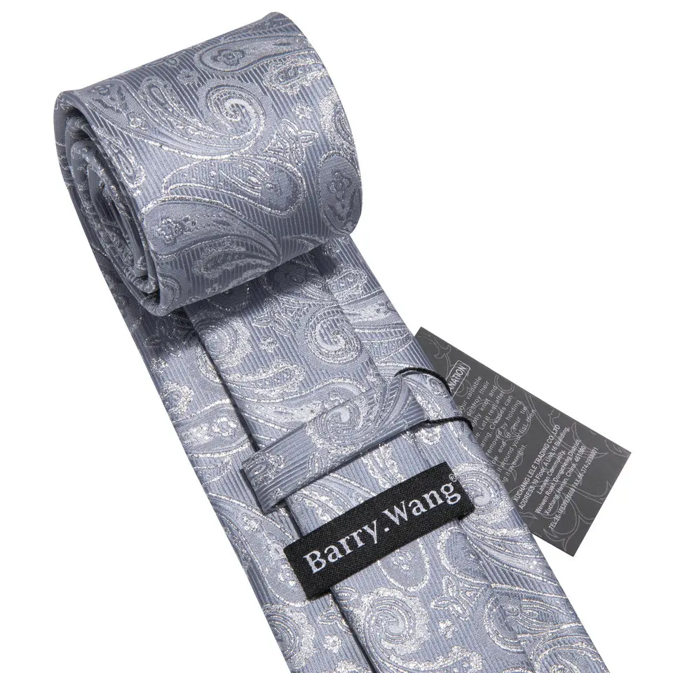 مجموعة أزرار أكمام مربعة للجيب وربطة عنق فاخرة للرجال بيزلي فضي للرجال هدية لحفلات الزفاف وحفلات الأعمال