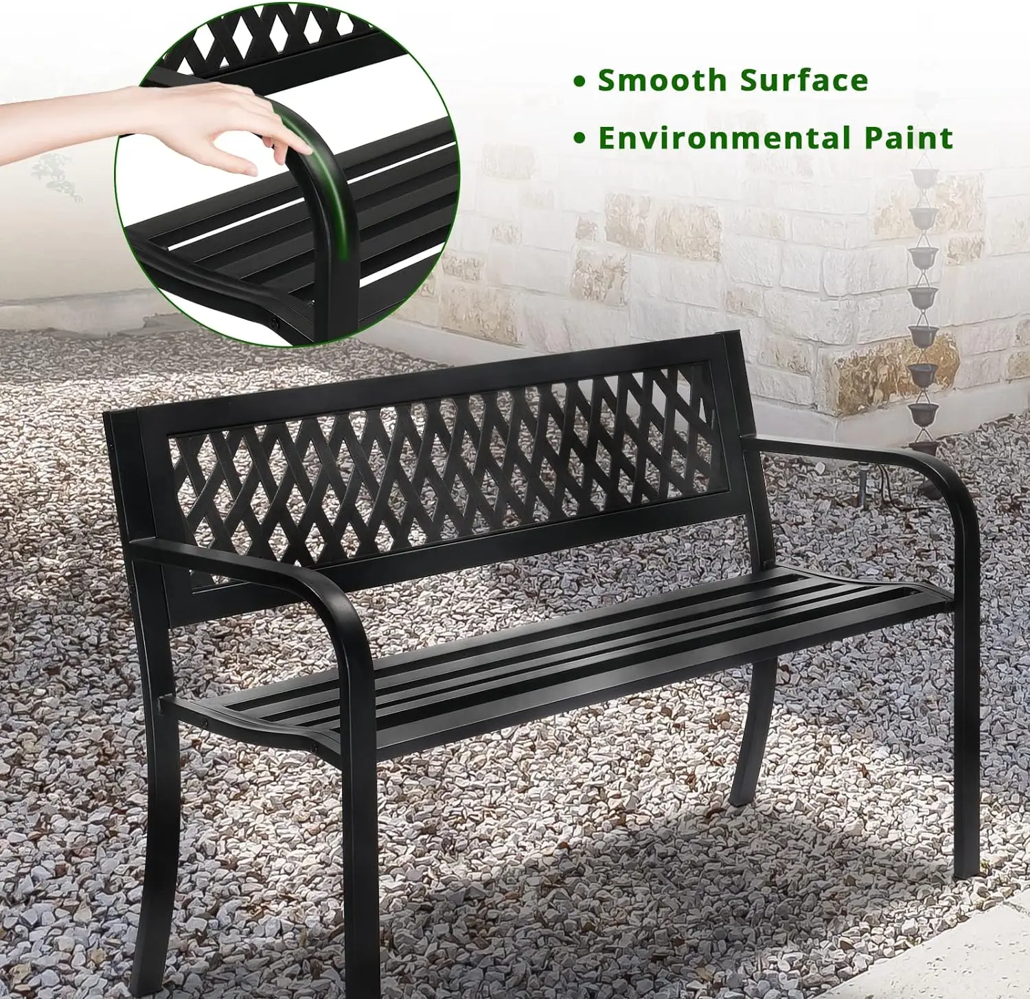 Outdoor Porch Patio Metal Garden Bench w/PVC Back, Steel Black Outdoor Park Bench for Yard Lawn Decor Deck Entryway, Black