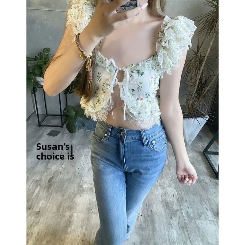 Top Curto com Detalhe em Renda Verde Estilo Doce Moda Fena Design de Nó  Csa Casual Visual Fresco Roupas de Susan