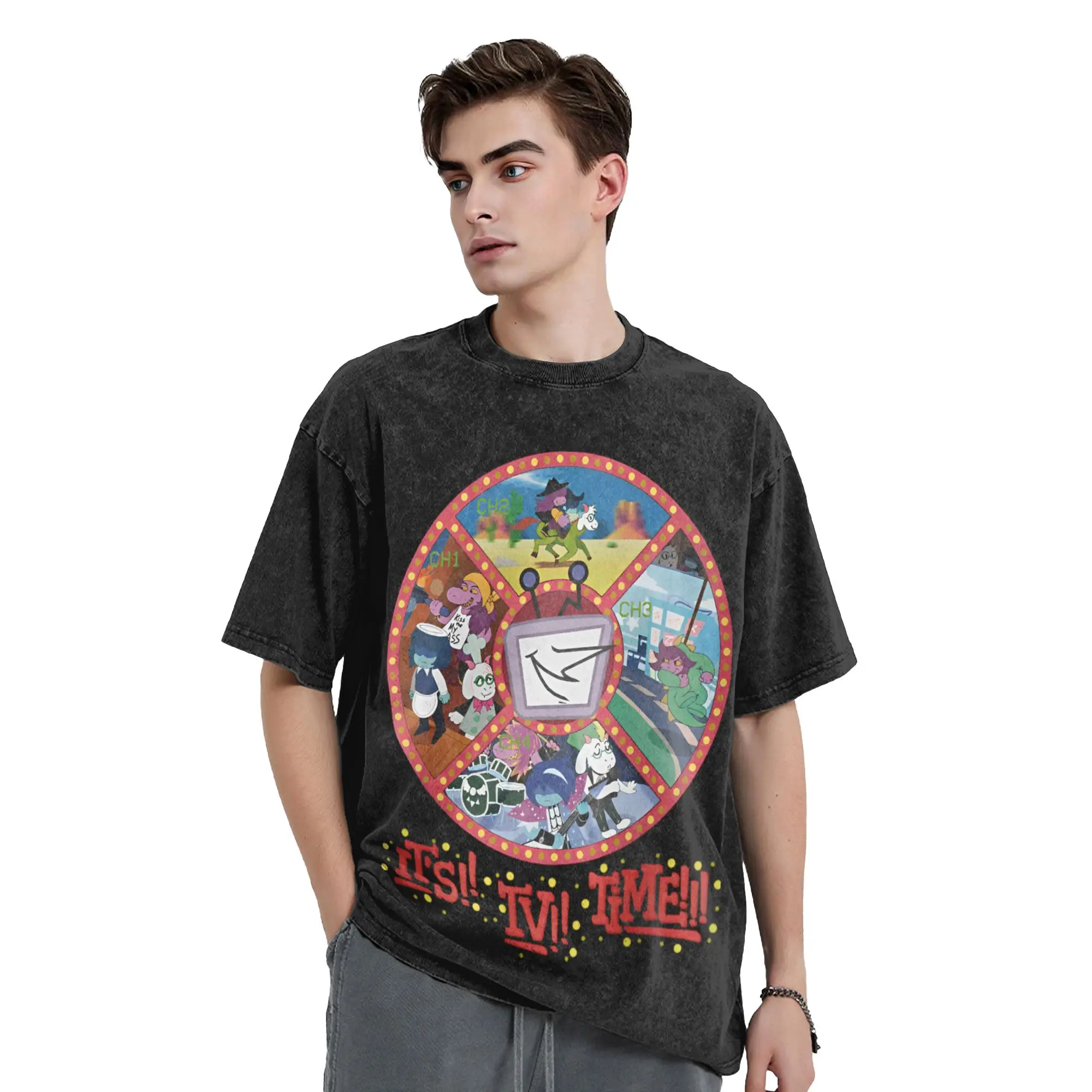 Washed T Shirt Deltarune Chapter 3  its!! TV!! TIME!! T-Shirt Harajuku Tenna Streetwear Short Sleeve Graphic Tops Tees Men Women