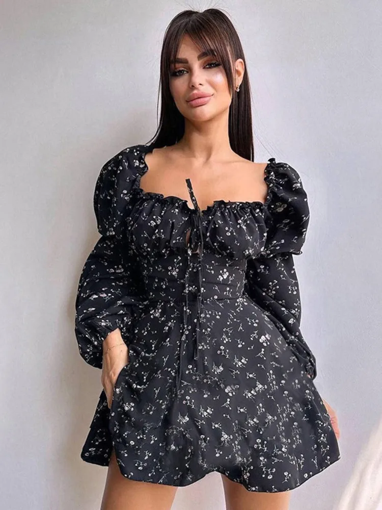 Mozision Long Puff Sleeve Floral Dress Wmen Autumn Winter Square Collar Backless Dress Female Fashion Elegant Dresses New