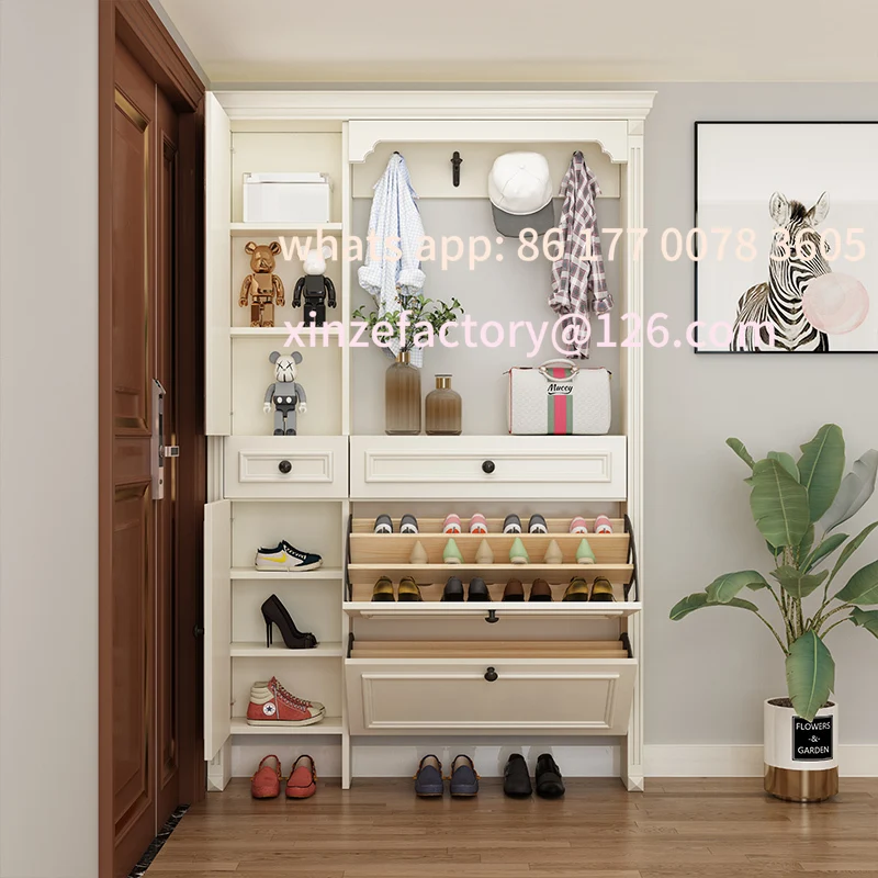 

Customizable American solid wood tipping bucket shoe cabinet with hanger combination white simple modern Xuan
