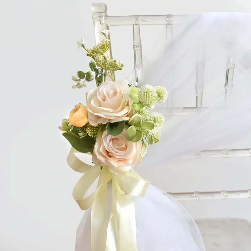 Chair Artificial Flowers Sashes Rose Bouquet Knot Cover For Church Car Outdoor Banquet Party Events Wedding Decorations Supplies view 2