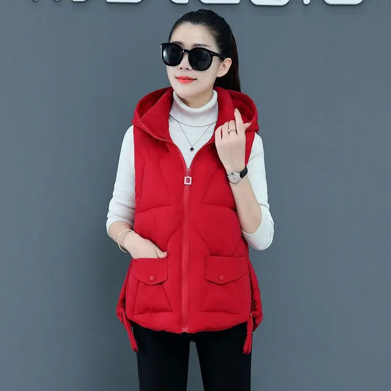 2024 Winter Vrouwen Solide Los Vest Met Capuchon Korte Vest Bovenkleding Katoenen Gewatteerd Vrouwen Warm Vest D33