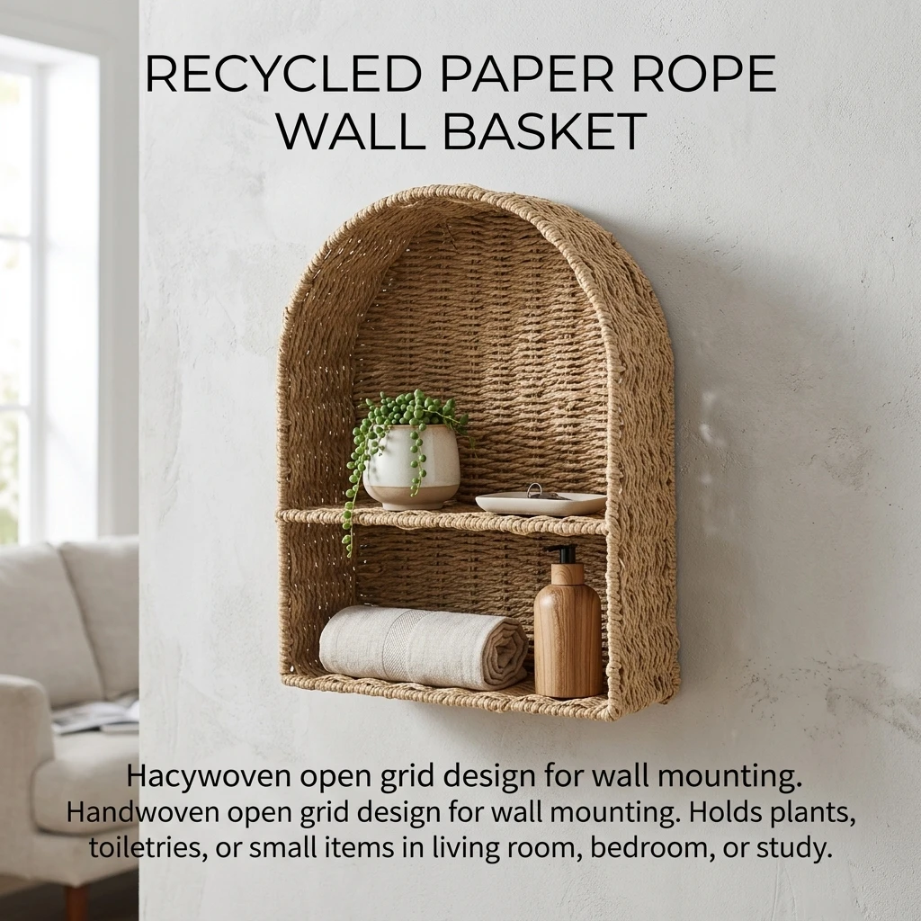 Rattan Plant Basket - ตะกร้าจัดเก็บของแบบแขวนผนัง ดีไซน์ธรรมชาติ เหมาะสำหรับผู้ที่อยู่อาศัยในบ้าน ชั้นวางต้นไม้ทำจากเชือกกระดาษลายหวายเทียม ใช้ตกแต่งห้องน้ำ ทนทาน