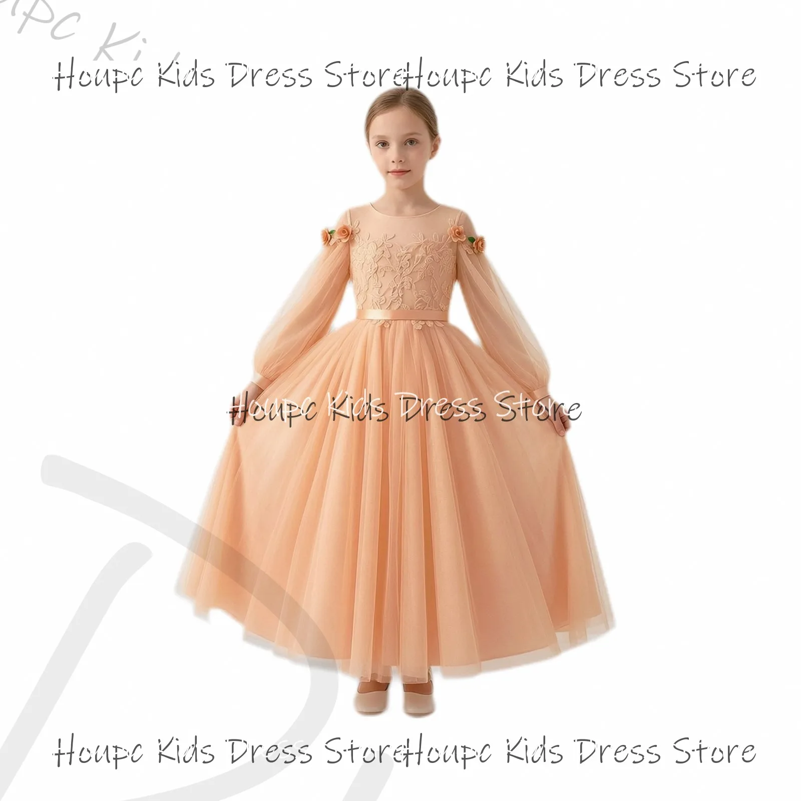 Custom Flower Girl Dresses Princess Style Tulle Lace Off Shoulder Long Sleeve Wedding Birthday Party Evening Party