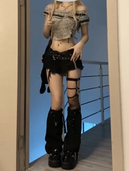 Women Dark Academia Y2k Goth Harajuku Fashion Gyaru Kpop Jean Low Rise Shorts Ripped Denim Tassel Grunge Hot Pants 2000s Grunge