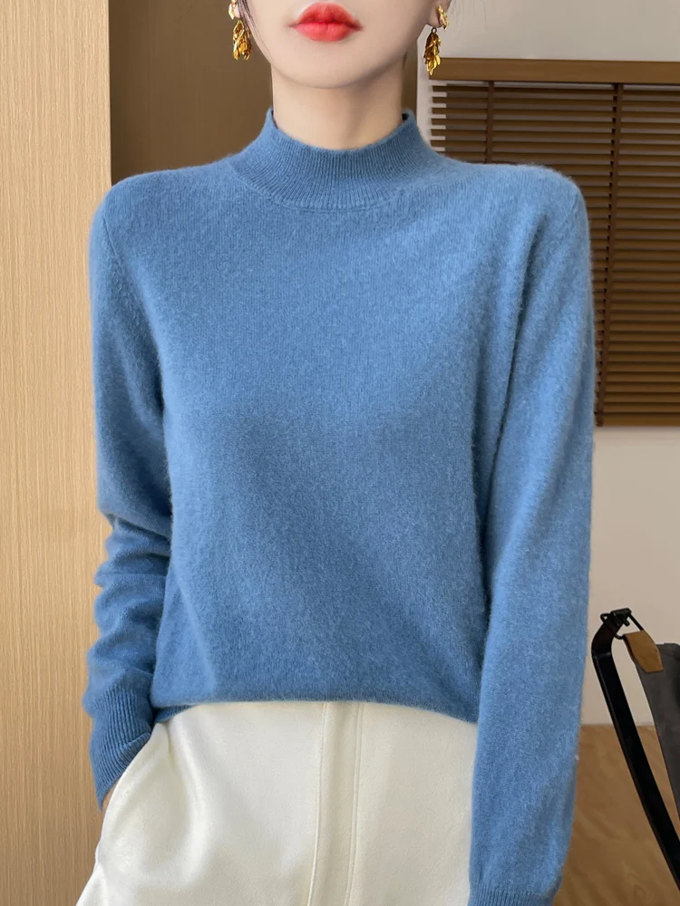 100% Merino Wool Women\'s Sweater Half High Collar Pullover Long Sleeve Sweater Knitted Outerwear Knit Top Commute Fashion Trends