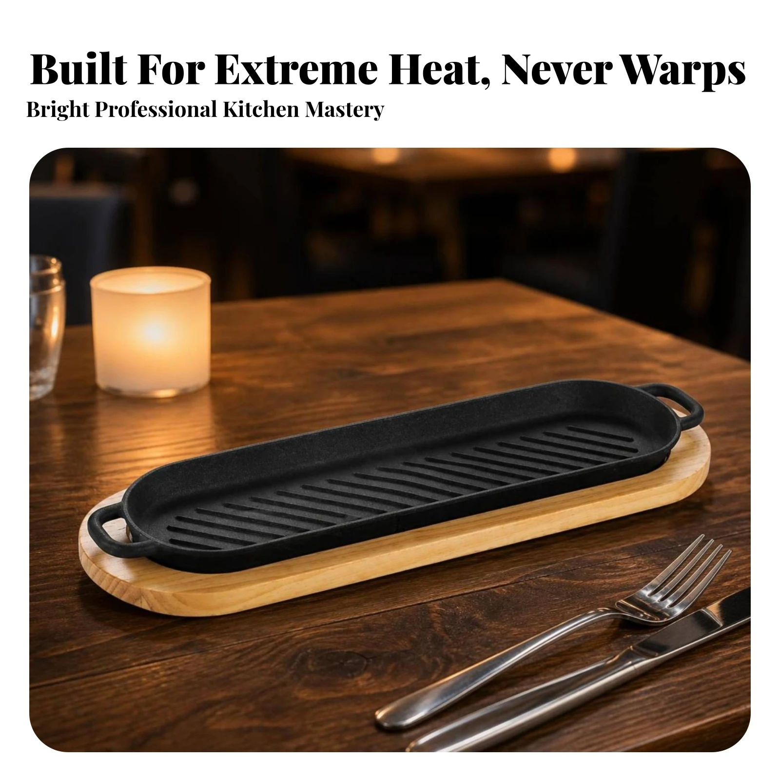 Cast Iron Grill Plate with Wooden Board Table-Ready Sizzling Plate with Wooden Base Oval Fajita Skillet Ridged for Home Chefs