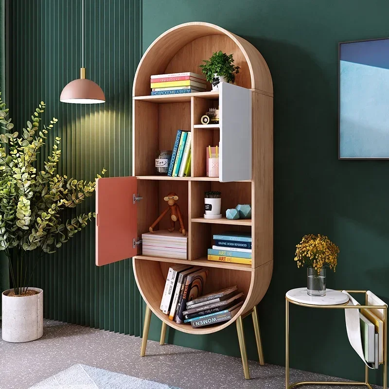 High Quality Stainless Steel Legs Design Oval Shape Modern Study Room Furniture Storage Wooden Shelf Bookcases