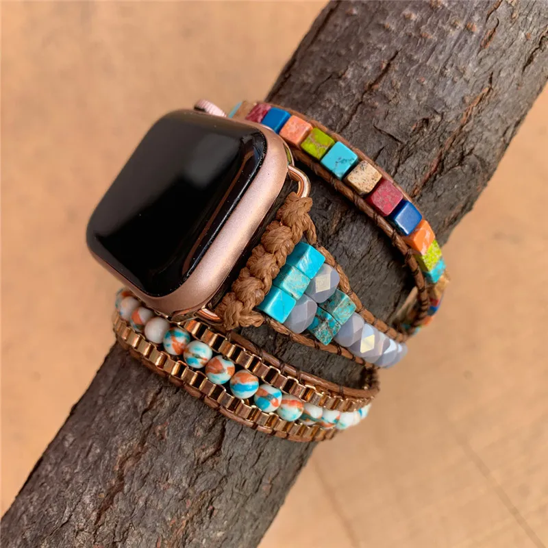 Geometric Stone Watch Strap 3 Layers Chakra Gemstone Crystal Watch Band Bracelet Apple Watch Band 40mm Accessories Bracelet