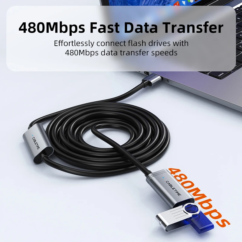 CABLETIME USB 2.0 Extension Cable 480Mbps Fast Data Transfer USB Repeater Extension Cord for Computer VR 30M/20M/10M/5M