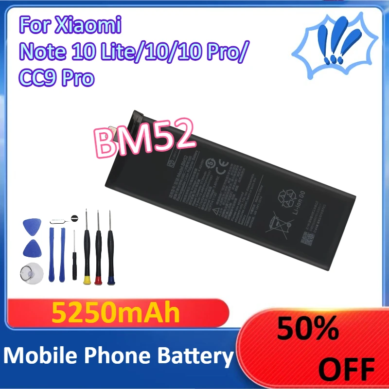 

New 5250mAh BM52 Mobile Phone Battery for Xiaomi Note 10 Lite/10/10 Pro/CC9 Pro + Tools