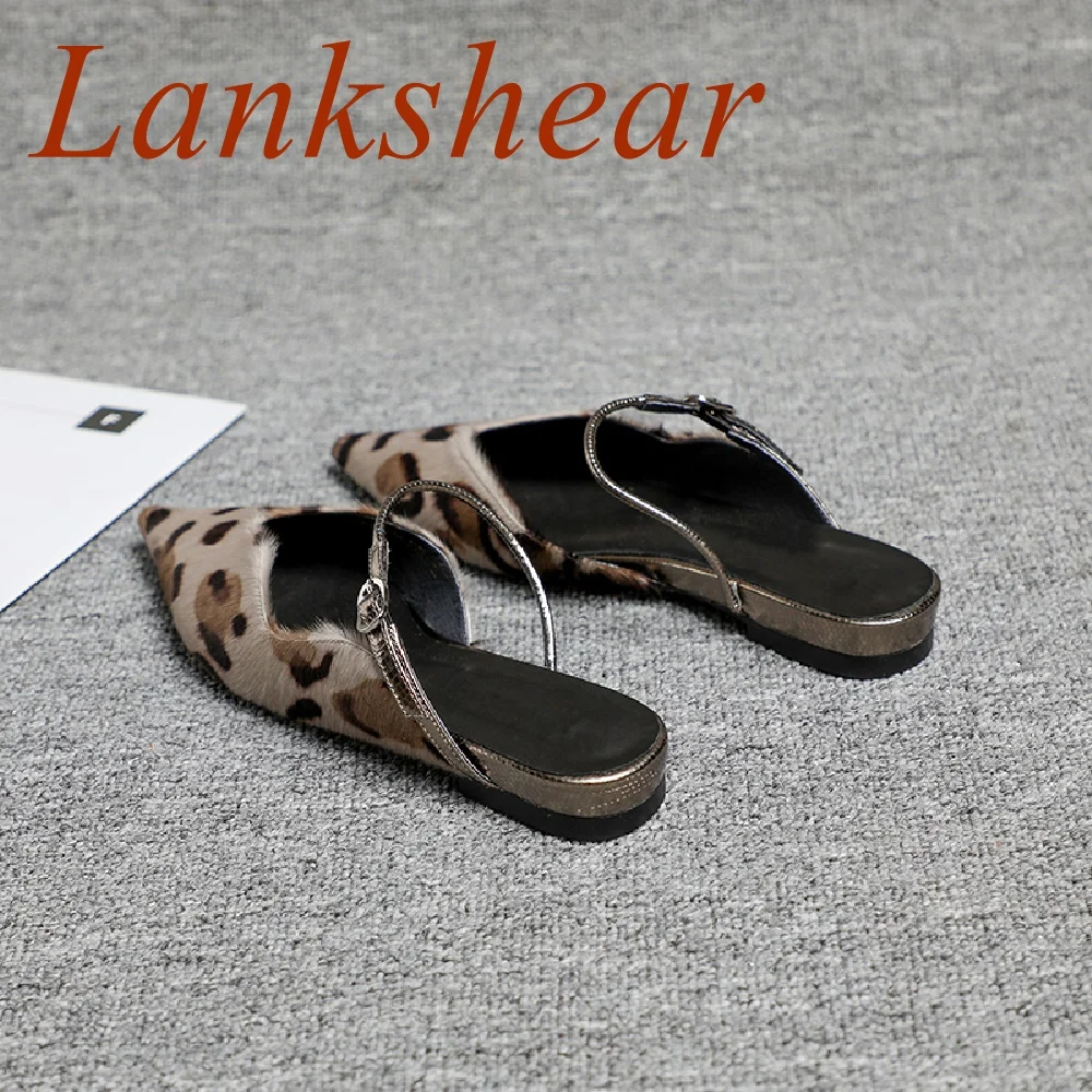 Leopord Pointed Toe Women Slippers Mixed Color Flat Sole Slingback Fashion Sexy Fur  Mules Spring Genuine Leather Women Shoes
