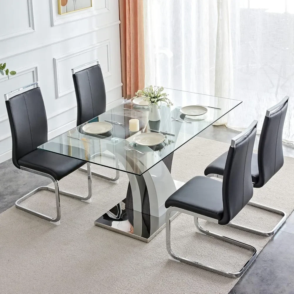 

Dining Table and Chairs, 63 Inch, Modern Dining Table with 4 Leather Chairs, Tempered Glass Top, Glass Dinings Tables Set