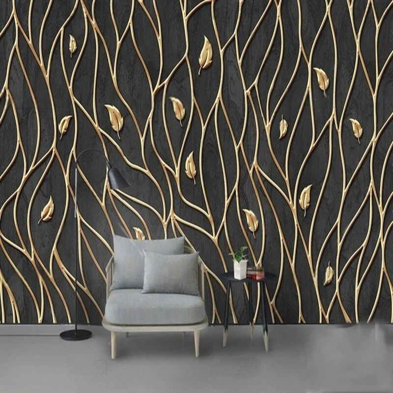Modern and simple golden line leaf fabric TV luxurious home bedroom background wall