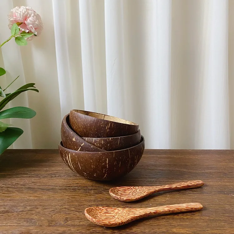 Natural coconut bowl set handmade coconut shell tableware Decorative decoration wood spoon dessert fruit salad rice Ramen bowl