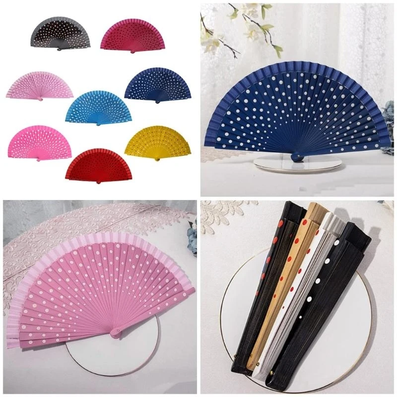 

Flamenco Spanish Wood Folding Fan Dots Pattern Modern Classical Vintage Wood Hand Fan for Dance Perfornamnces Party top sale