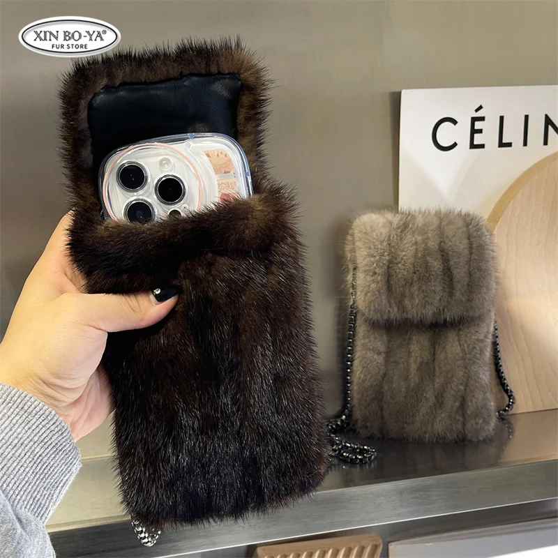 New Wave Mobile Phone Bag Women's Crossbody Mini Bag Purses Fashion Mink Fur Bags For Women Shoulder Neck Hanging Femimine Bag