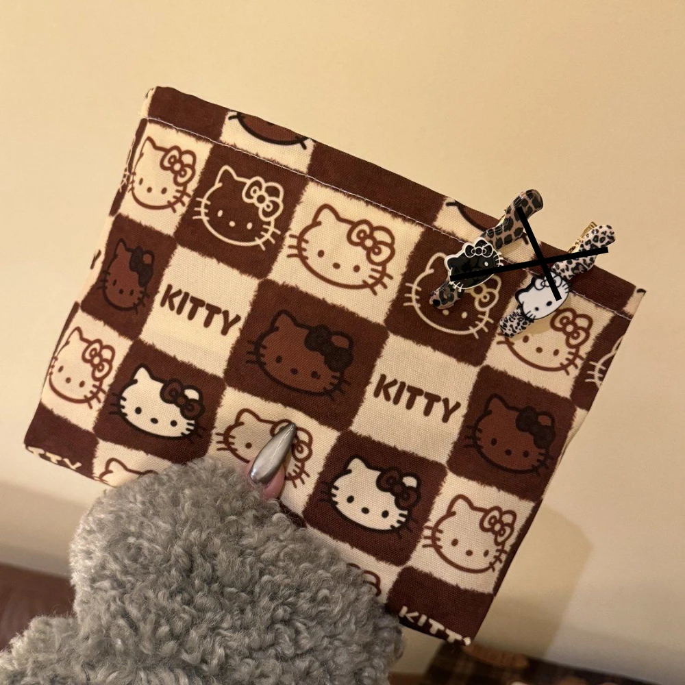 Olá kitty bolsa miniso dos desenhos animados marrom xadrez saco de maquiagem bonito impresso armazenamento portátil grande capacidade saco de armazenamento de viagem