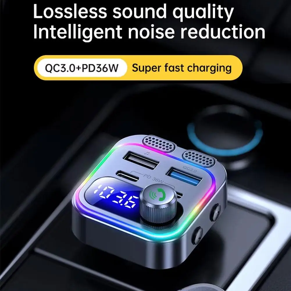 Transmissor fm bluetooth 5.3 para carro, pd 36w qc 3.0 microfone & alta fidelidade baixo som isqueiro rádio música adaptador carregador