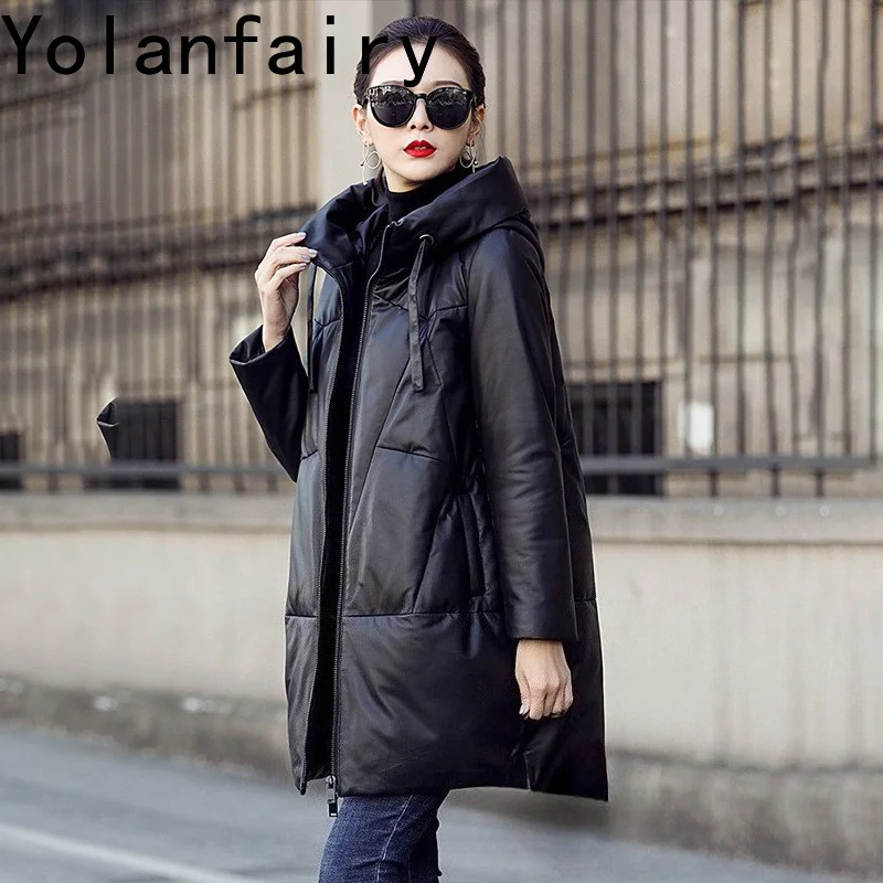 YOLANFAIRY Real Sheepskin Coats Woman Hooded Mid Length Genuine Leather Coat Fashionable Versatile Jackets New Ropa De Mujer