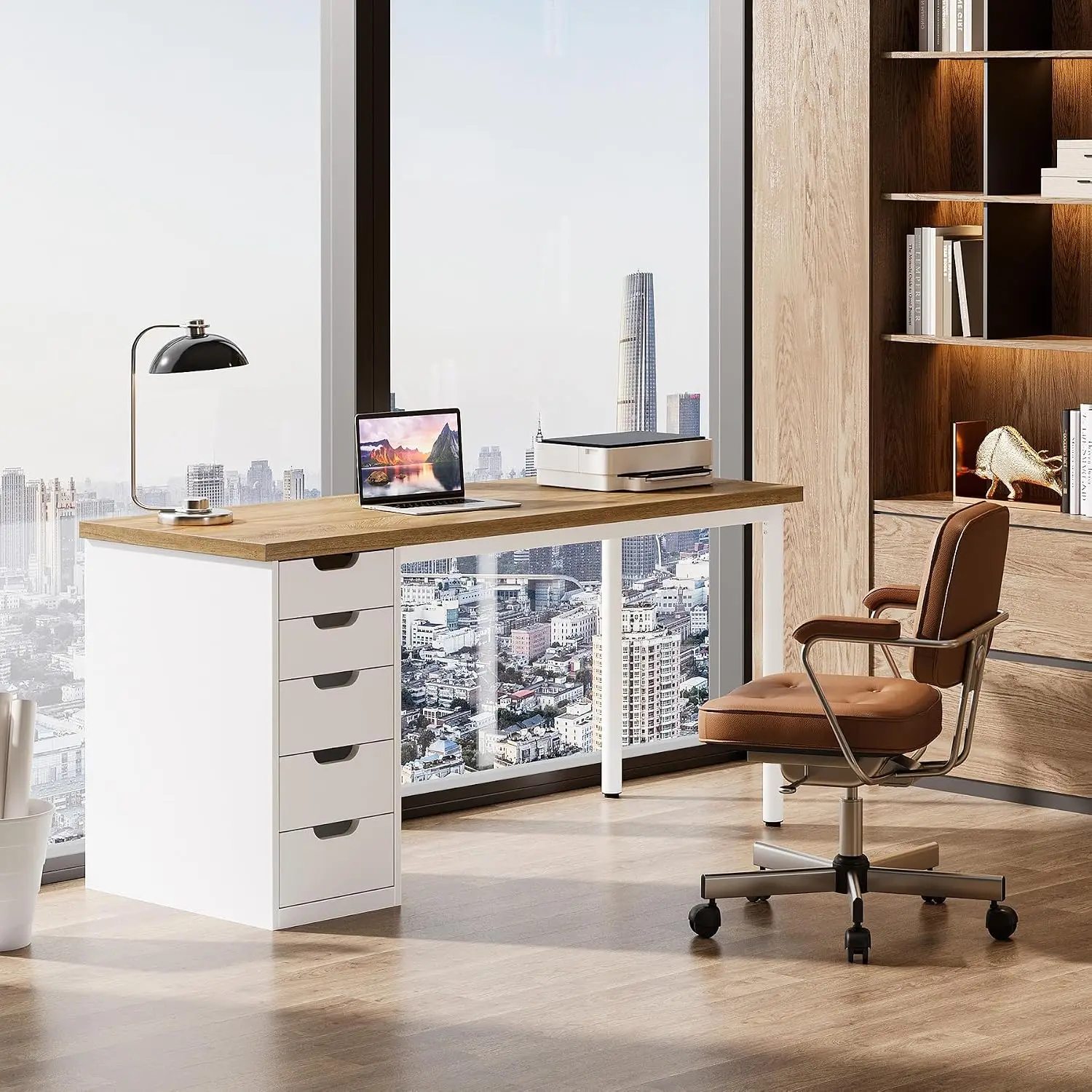 Simple Computer Desk With 5 Reversible Drawers, 47 Inch Rustic Brown Table For Home Office, Customized