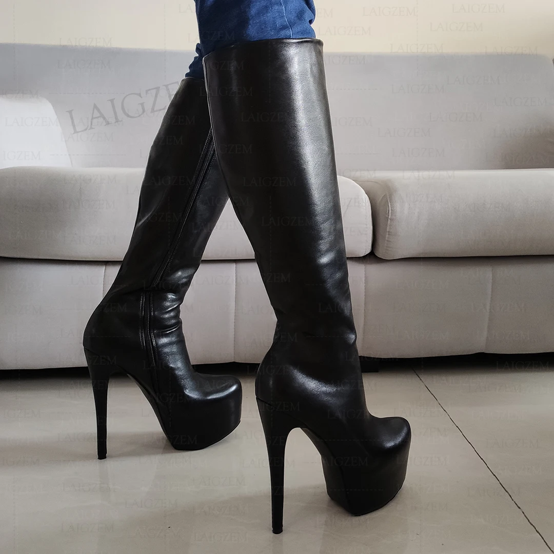 LAIGZEM Women Knee High Platform Boots Full Zip Up Thin High Heels Tall Boots Female Handmade Shoes Woman Plus Size 38 42 46 52