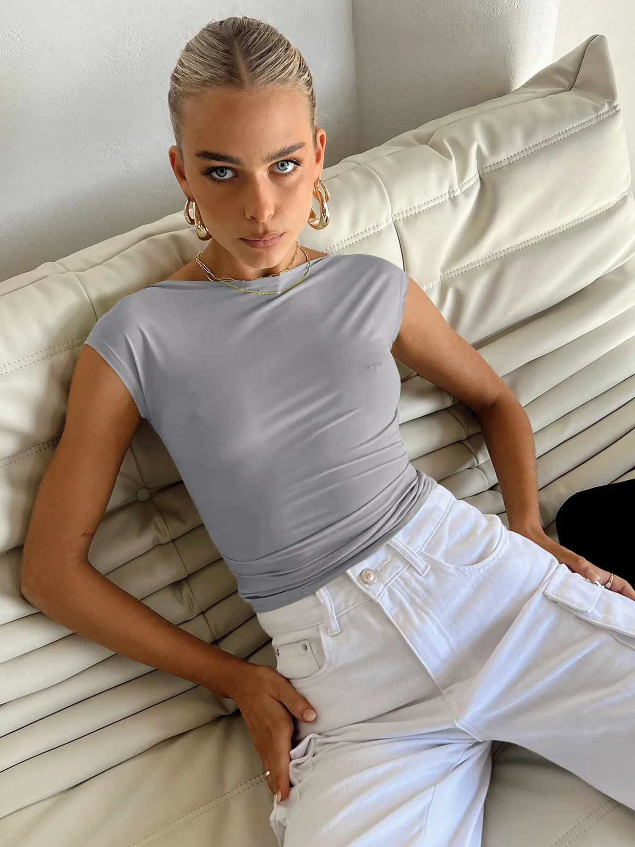 2025, Sommer, neue Mode, Damen-Tops, T-Shirts, Y2K, sexy, rückenfrei, bequem, atmungsaktiv, kurzärmelig, Slim-Fit-Damenbekleidung – Detail 16