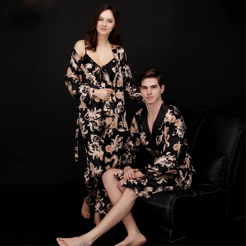 

Imitation Silk Couple Pajamas Women Summer ThinThree Piece Set Ice Silk Long Sleeved Men's Printed Nightgown Bathrobe Homewear