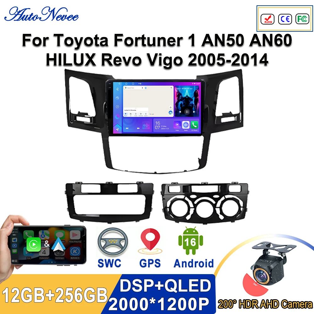 Android 16 2K Incell Screen Multimedia Stereo For Toyota Fortuner 1 AN50 AN60 HILUX Revo Vigo 2005 - 2014 Plug and Play Dash Cam