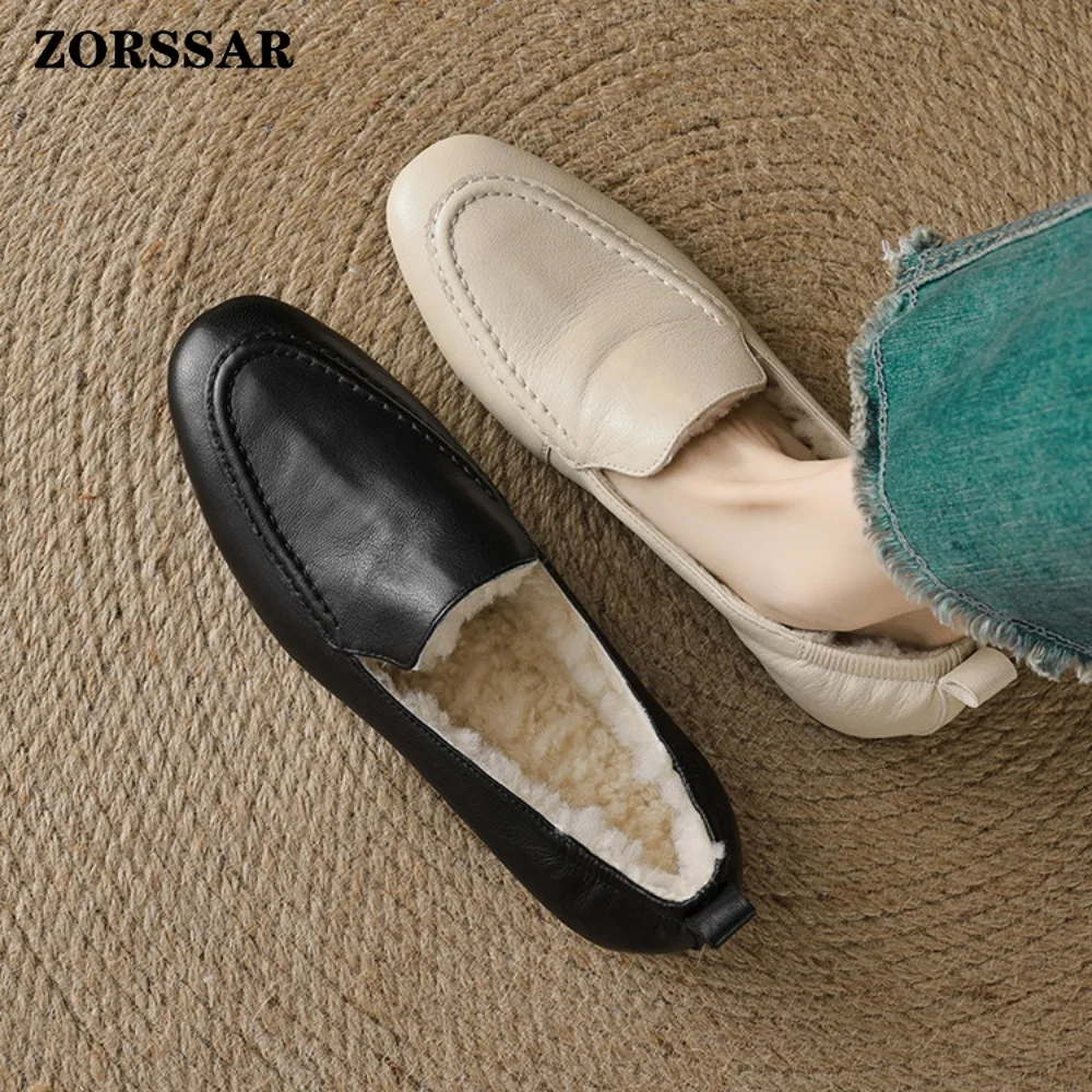 الشتاء حذاء مسطح امرأة 2025 جديد أفخم بطانة الدافئة النساء أحذية الثلوج جلد طبيعي مريح عادية الإناث الشتاء المتسكعون