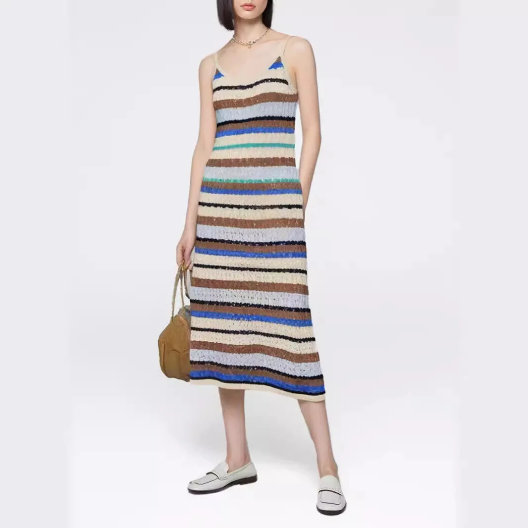 Multicoloured V-neck Knit Dress Sleeveless Vacation Maxi Sundress Summer Woman Clothing