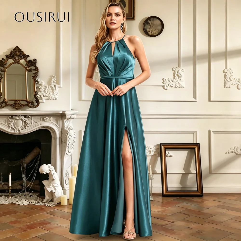 Neckholder-Abschlussballkleider aus Satin in A-Linie mit geteilter Schärpe, ärmellos, plissiert, bodenlang, Abendkleid, maßgeschneiderte Festkleider
