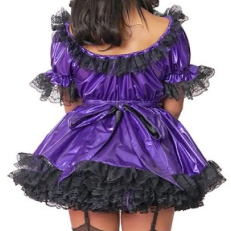 Sexy Adult Giant Baby Cross dressing Girl Purple PVC Dress Black Lace Sissy Role Play Makeup Ball Maid Customized Multi Color