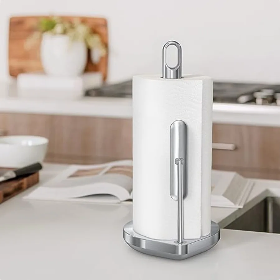 Soporte para papel de cocina de pie con brazo de tensión, resistente, fácil, con una sola mano, encimera de cocina, acero inoxidable cepillado