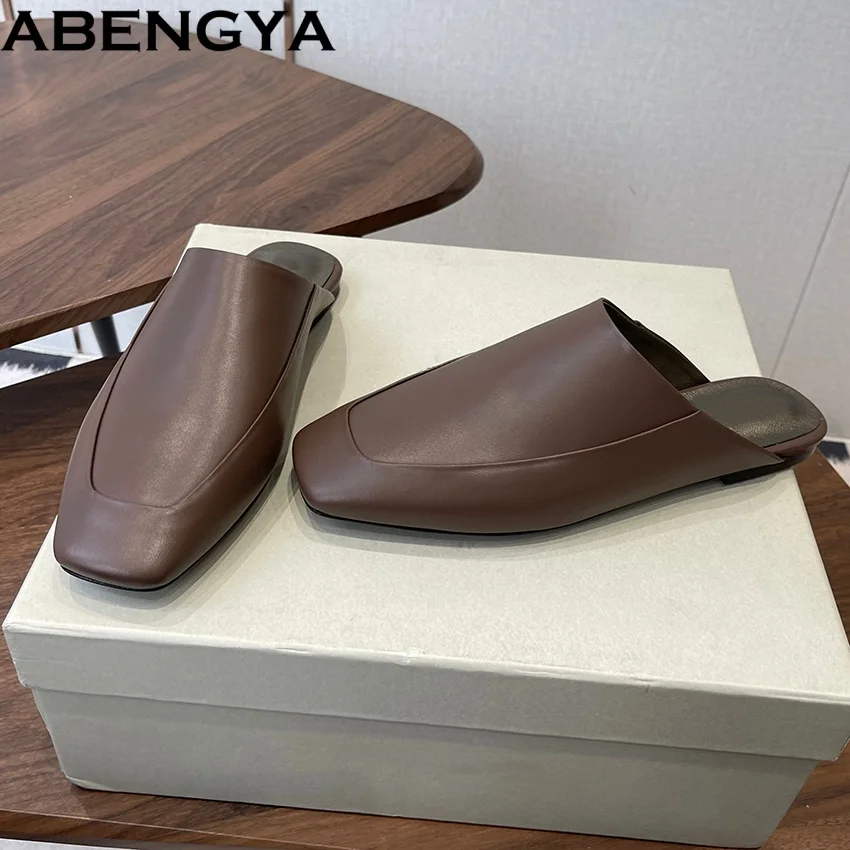 Real Leather Flat Half Slippers Women Summer Slides Holiday Casual Shoes Women Round Toe Loafers Women's Slippers